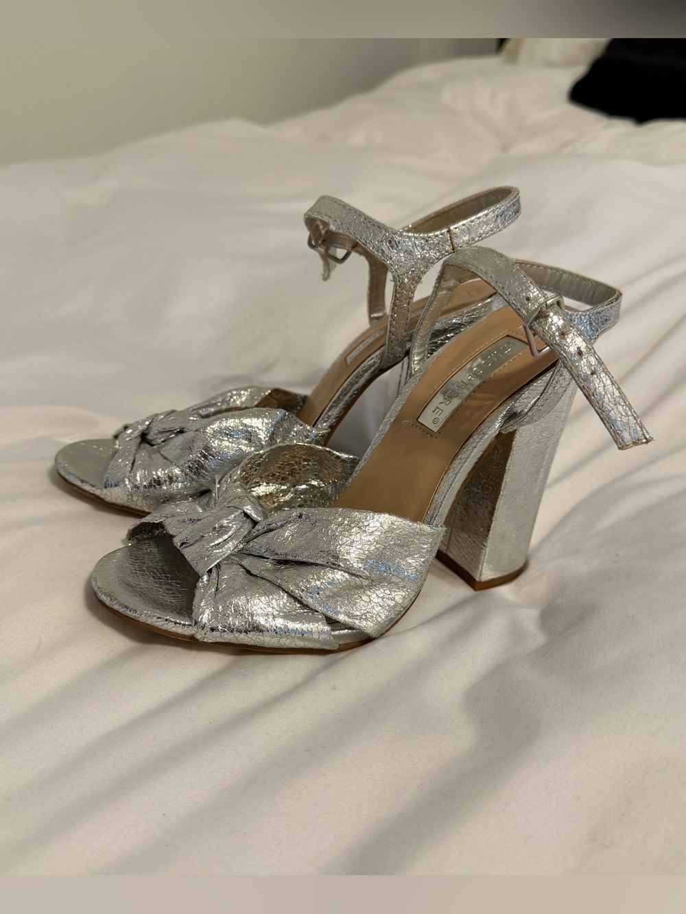 Atmosphere Silver Metallic Knotted Block Heel Sandals with Ankle Strap
